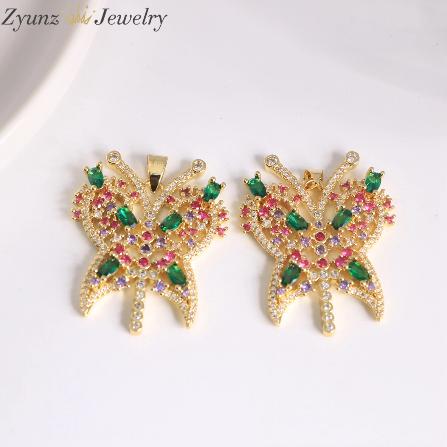 

5 шт., Радужный циркон CZ, позолоченный кулон-бабочка, подвеска в виде насекомых, ювелирные аксессуары «сделай сам» ﻿