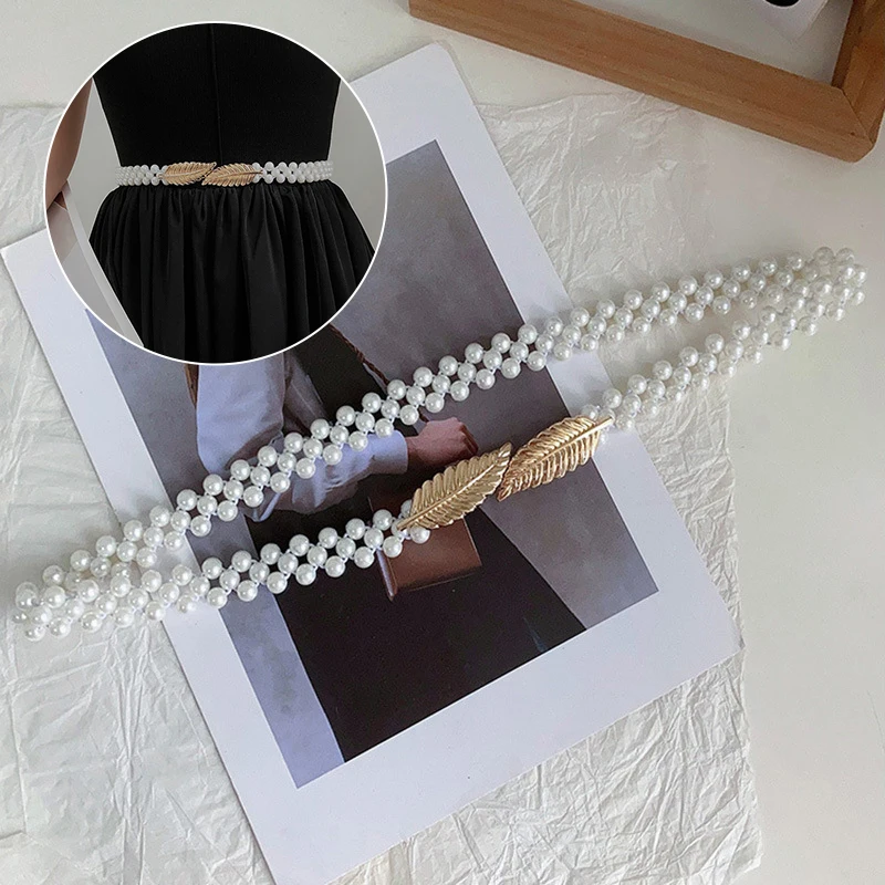 

Women Pearl Waist Chain Pearl Inlaid Diamond Elastic Belt With Waist Decoration Thin Belt Beaded Elastic Belt