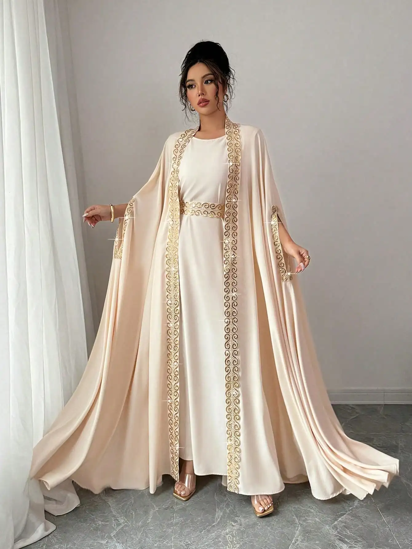 

Elegant Women's 2 Piece Abaya Set With Gold Embroidery Batwing Sleeve Jacket And Dress
