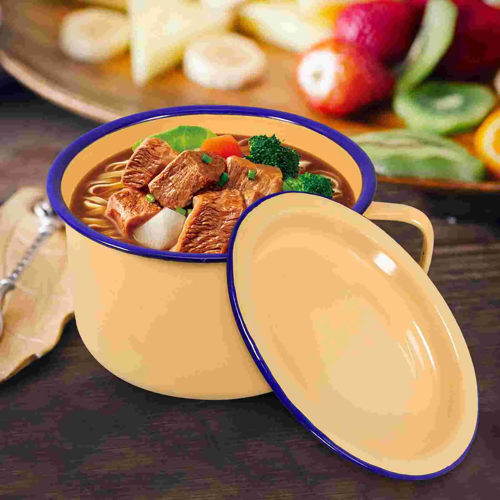 Ramen Bowl Snack Cup Kitchenware Round Retro Enameled Household Soup Container Food Serving Yellow with Lid Bowl for Mother