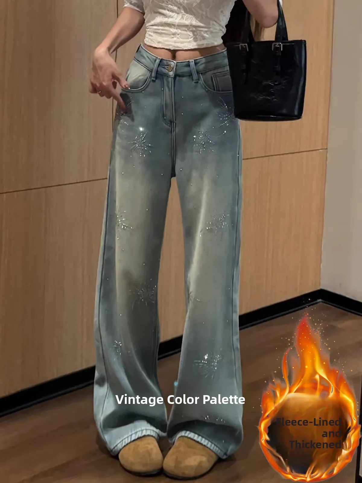 

High Waist Flared Fce Women's Jeans Sparkling Rhinestone Casual Loose Straight Leg Trousers Spring 2026 Faion plus Size