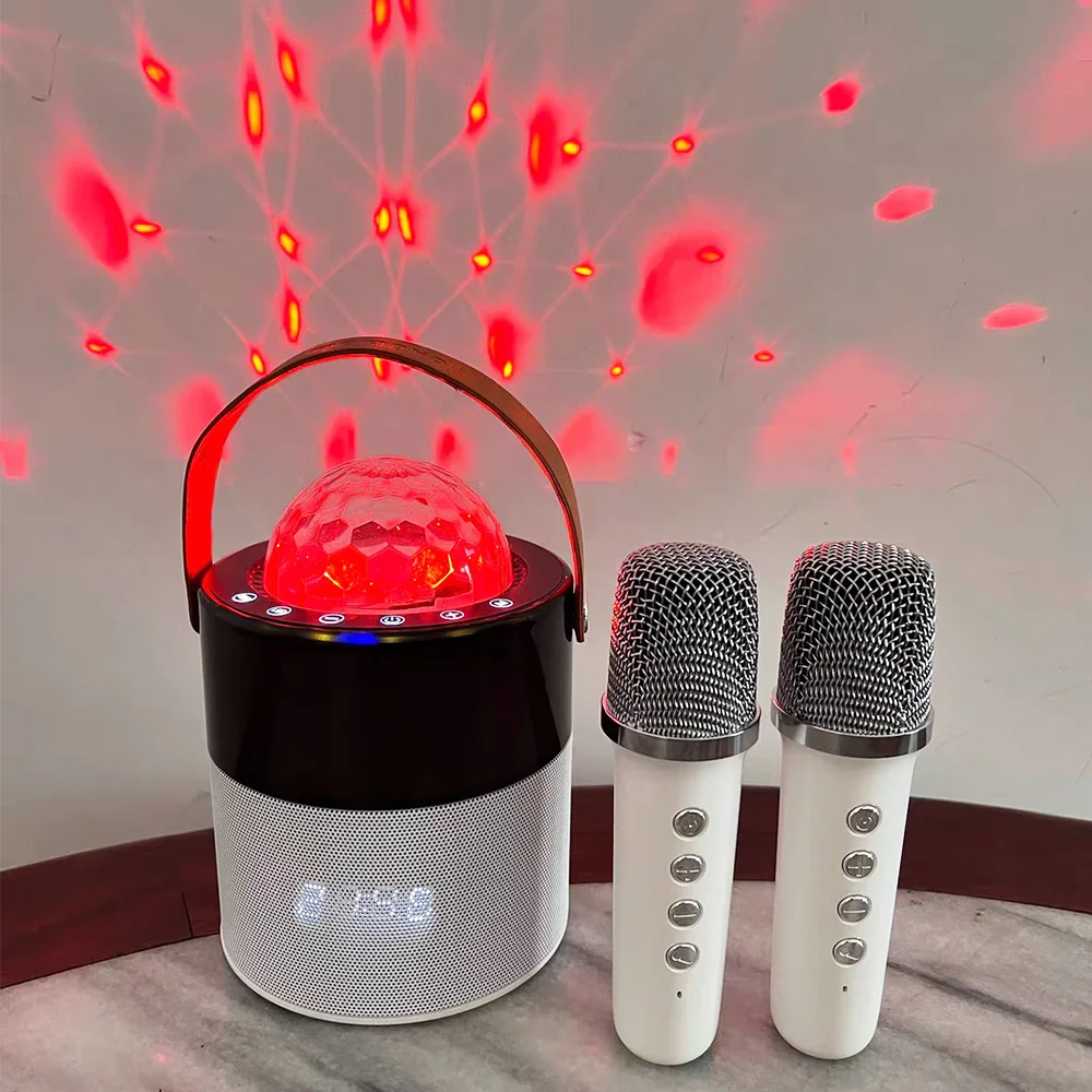 

Mini Home KTV Speaker with Duel Mic RGB Rhythm Rotating Lamp AUX TF Card Multi-function Wireless Bluetooth Koraoke Audio Set