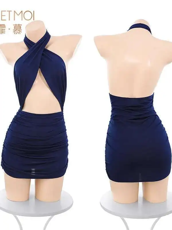 Cross Verpakt Borst Stewardess Sexy Pure Desire Uniform Jurk Elegante Blauwe Zoete Tank Mini Jurk Hot Sexy Koreaanse Vrouwen 4Y5