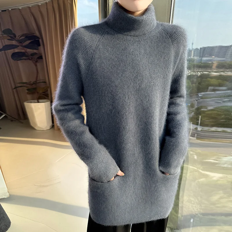Women's Medium To Long Length Sweater, Large Size, High Collar Pullover, Knitted Sweater, Winter Thick Loose Top, Mink Cashmere