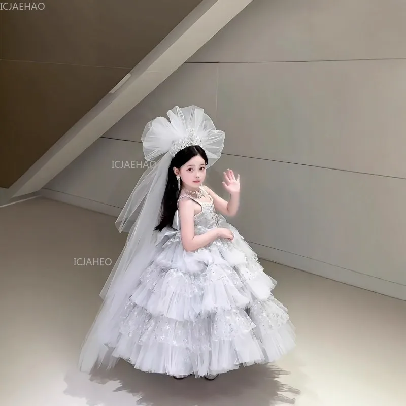 

Kids Girls Birthday Princess Puffy Dress Flower Girl Children Gown for PianoShow Long Party Dresses Performance Pageant Fashion