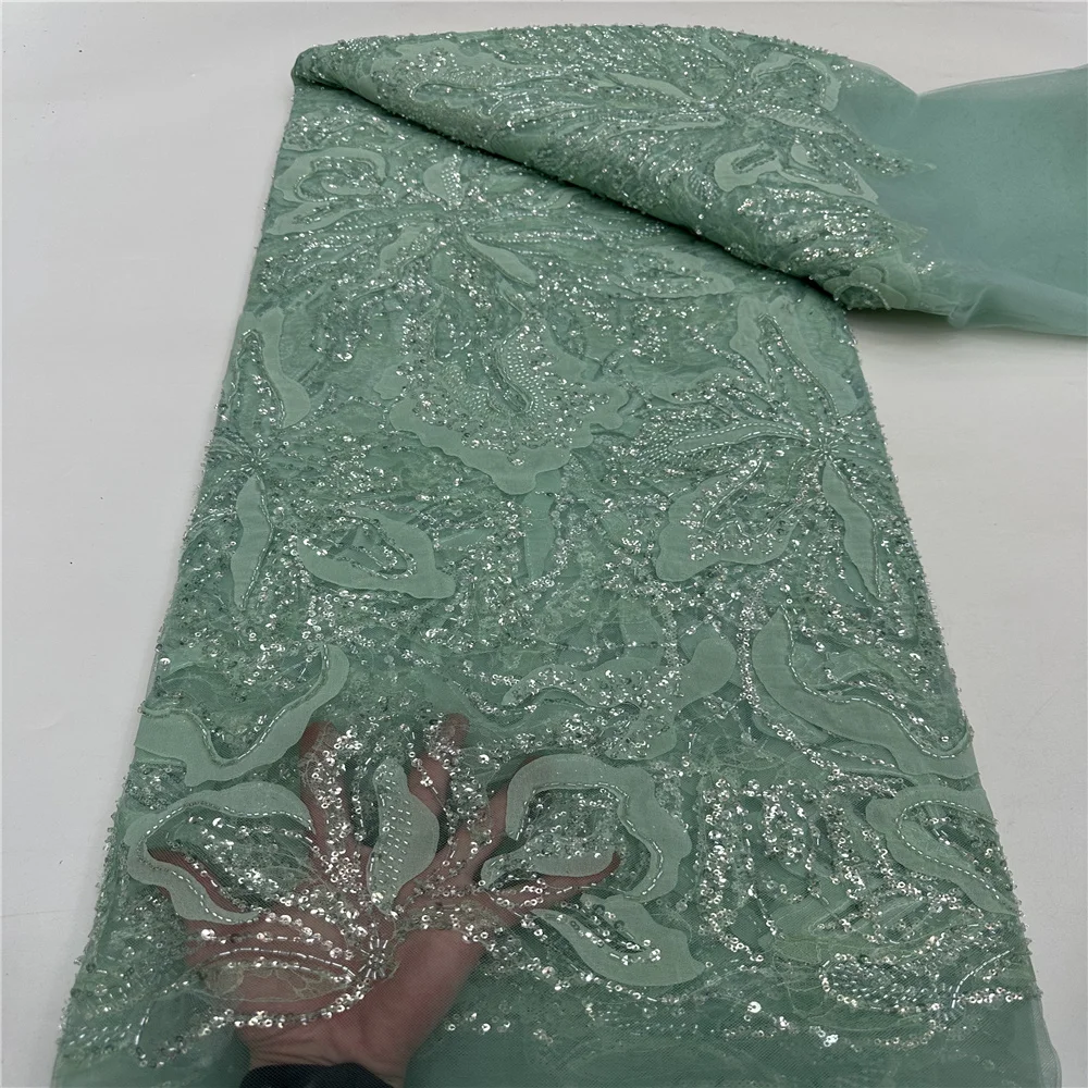 African Lace Fabric 2025 High Quality French Sequins Embroidery Beads Tulle Lace Fabric For Wedding Party Dress Sewing