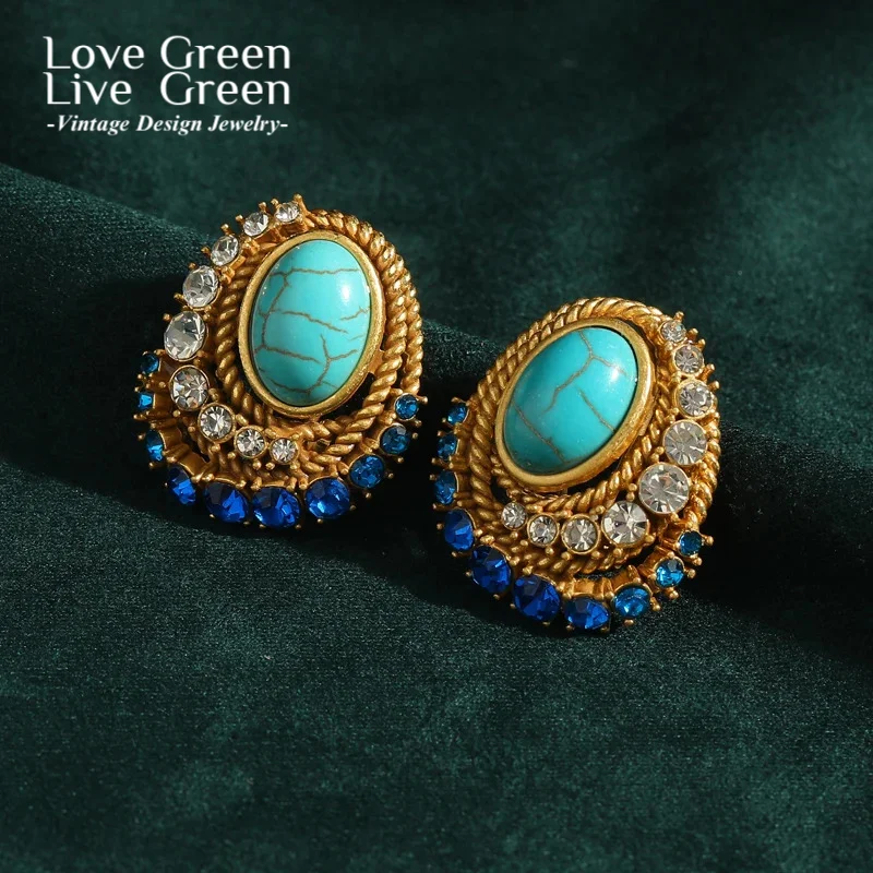 

Vintage Blue Natural Stone Oval Stud Earrings for Woman Rhinestones Luxury Designer Antique Jewelry Mum Gift Birthday 2025