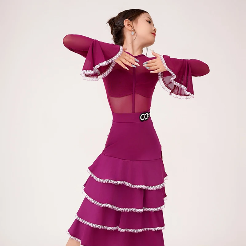 

2024 Fall Winter New Modern Ballroom Dance Skirt Set Latin Dance Practice Dress Waltz Tango Performance Costume Purple XH1250
