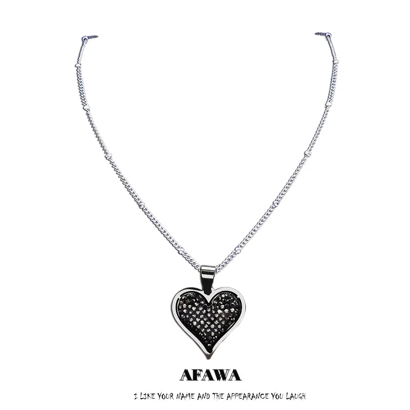 Heart Black Crystal Stainless Steel Pendant Necklace Women Silver Color Small Charm Necklaces Jewelry chaine N4871S01