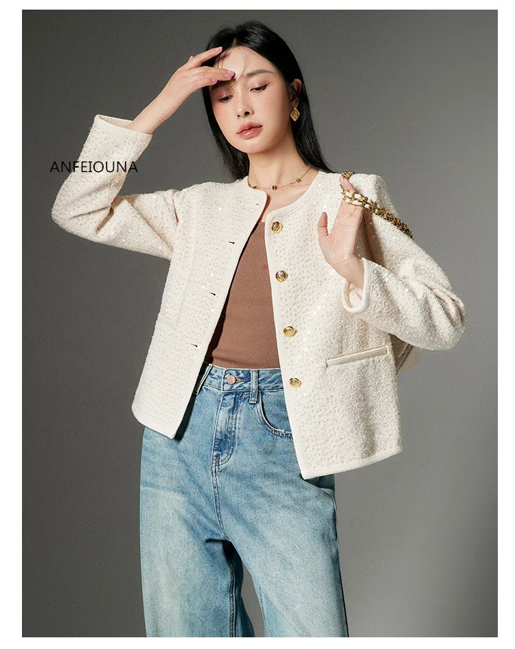 lingzhi wu-Women's Sequins Tweed Coat Classic O-Neck Elegant Female Outerwear French Design Short Beige Spring Autumn