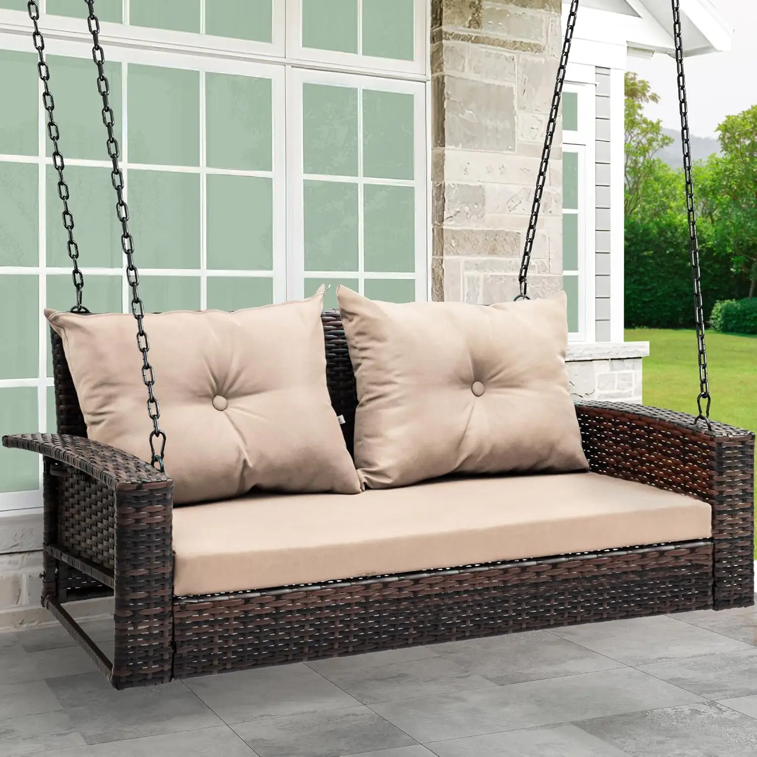 

Wicker Hanging Porch Swing Chair Outdoor Brown Rattan Patio Lounge w/ 2 Back Cushions Capacity 530lbs for Garden