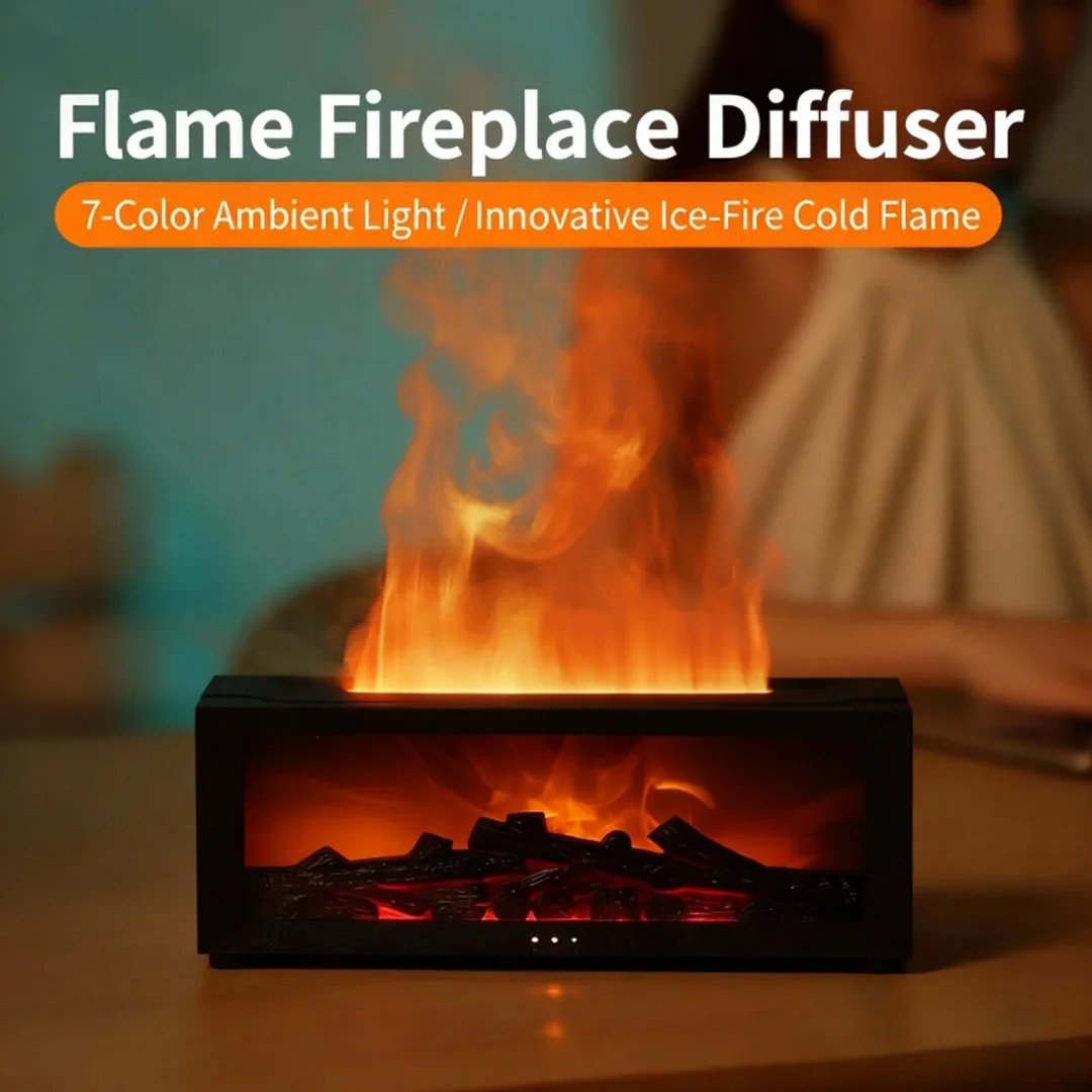 New Simulation Fireplace Flame Oil Diffuser - Aromatherapy Aroma Humidifier, Upgrade 7 Flame Colors Noiseless 280ml