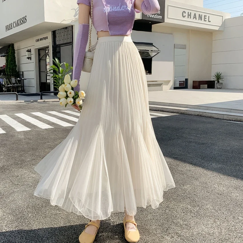 Women's Mesh Skirts Apricot Gentle Elegant Pleated Skirt Female Black Fashion Fishtail Skirt Summer Korean Casual Long Skirt