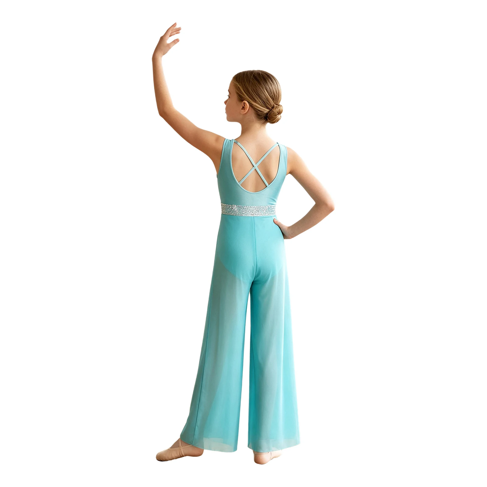 Kinder Mädchen Zeitgenössisches Ballett Lyrisches Tanzkostüm Unitard mit Strassbesetztem Oberteil und Transparenter Weitbeiniger Netzstoffhose – Detail 18