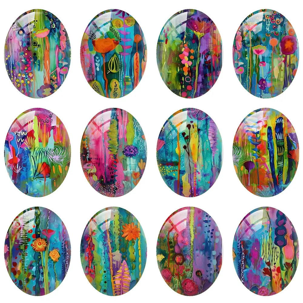 10pcs/lot Abstract Watercolor Oil Painting Flower Oval Photo Glass Cabochon Flatback Demo Flat Back Cameo For Diy Jewelry Making