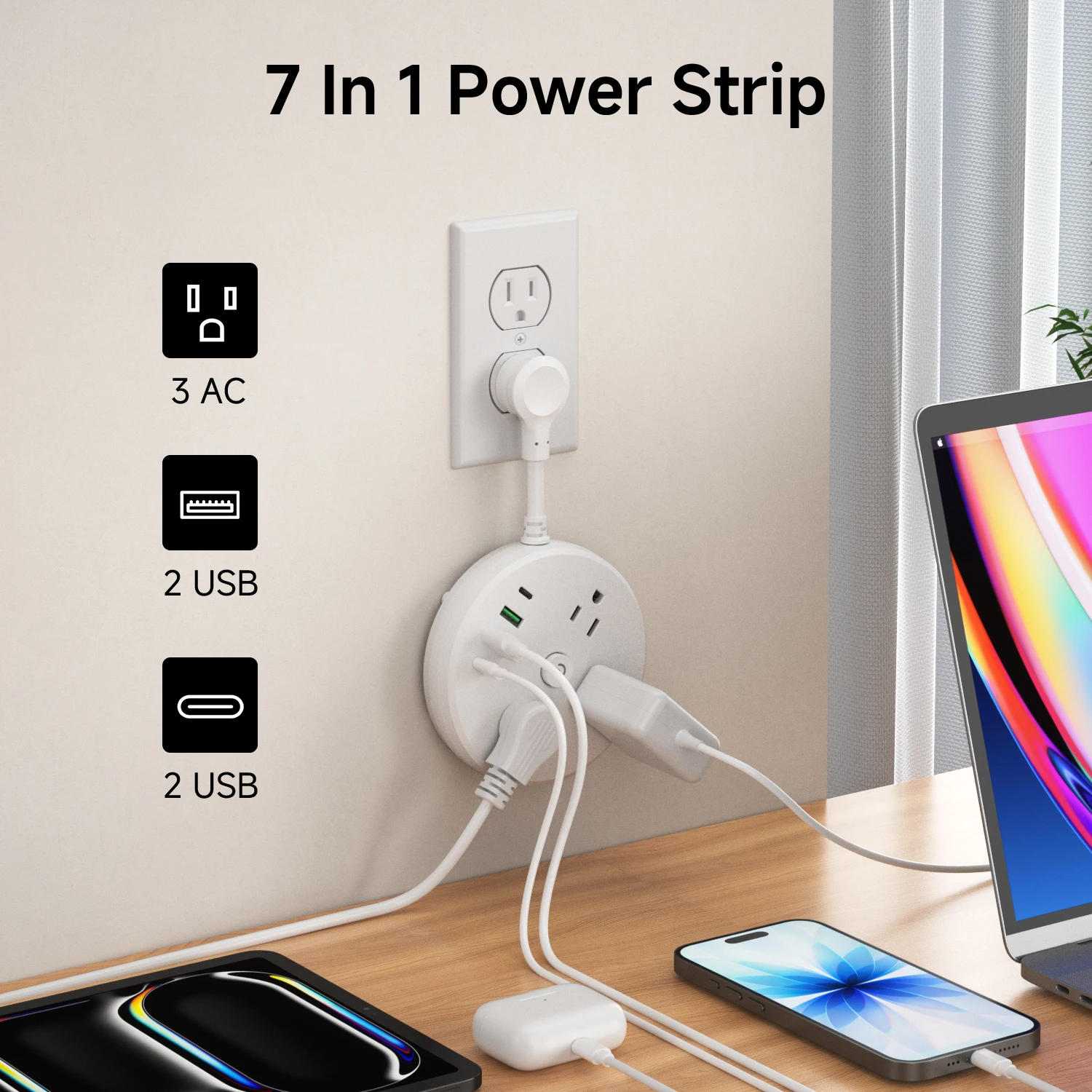 

Удлинитель с 3 розетками переменного тока, 2 портами USB и 2 портами USB-C для быстрой зарядки. Устройство защиты от перенапряжения для удлинителей питания обеспечивает защиту от перегрузок для домашнего использования.