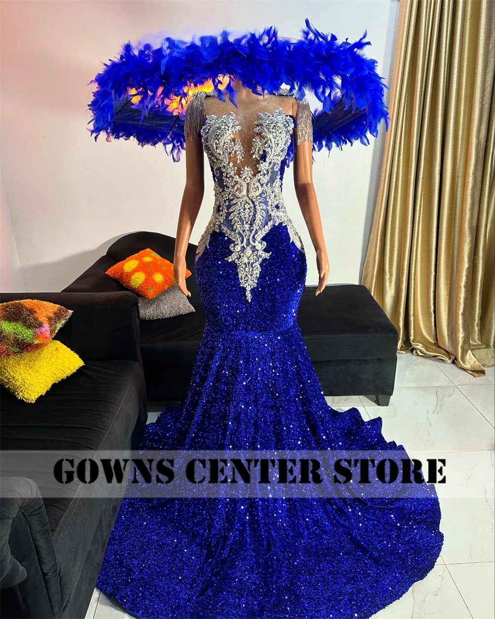 スパンコールのついたロイヤルブルーのボールガウン,クリスタルビーズのタッセル,エレガントなイブニングドレス,マーメイドスタイル,フォーマルウェア,パーソナライズされた手袋