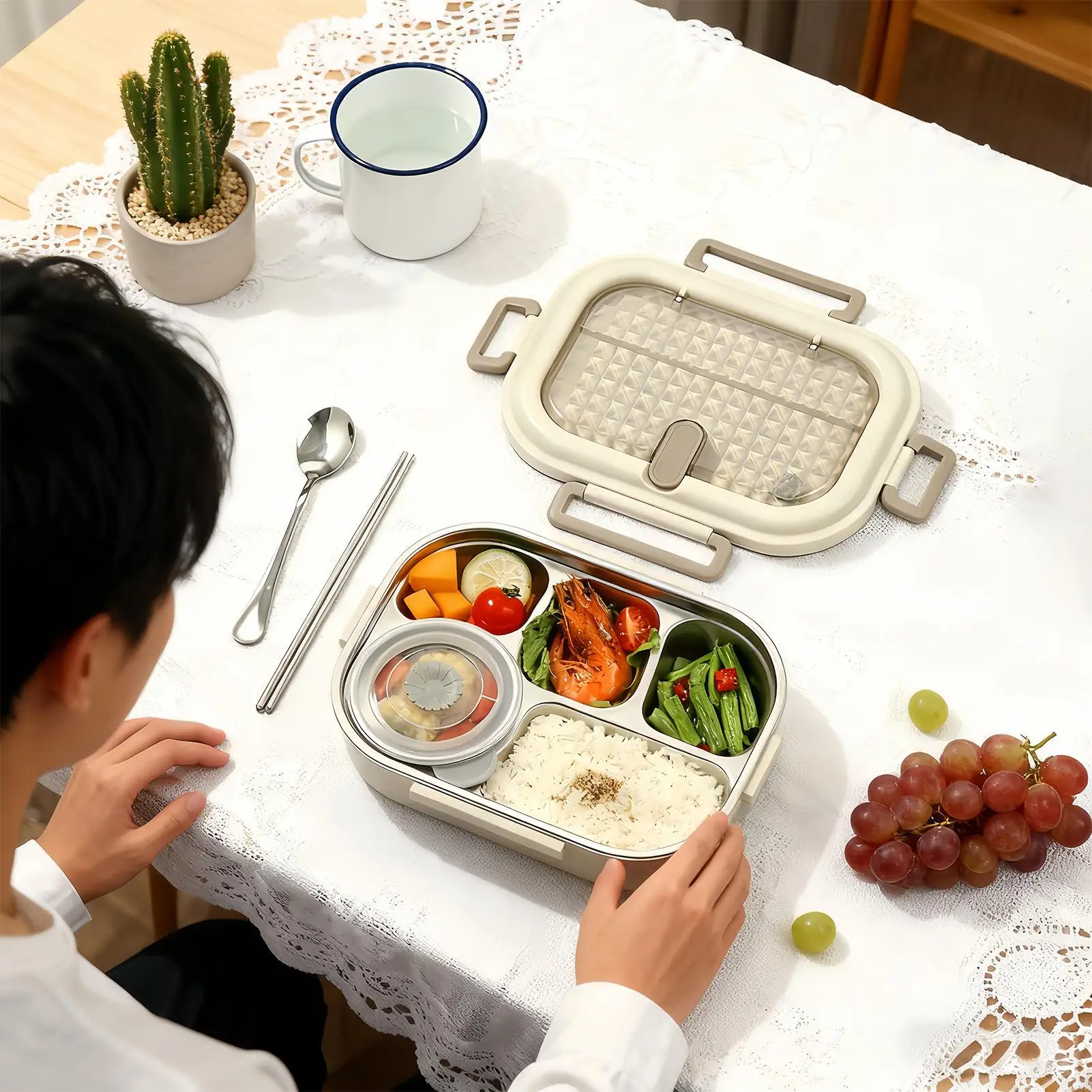 Lunch Container Microwave Safe With Chopsticks Stainless Steel Lunch Box For Adults For School Camping Spring Trip Commuting
