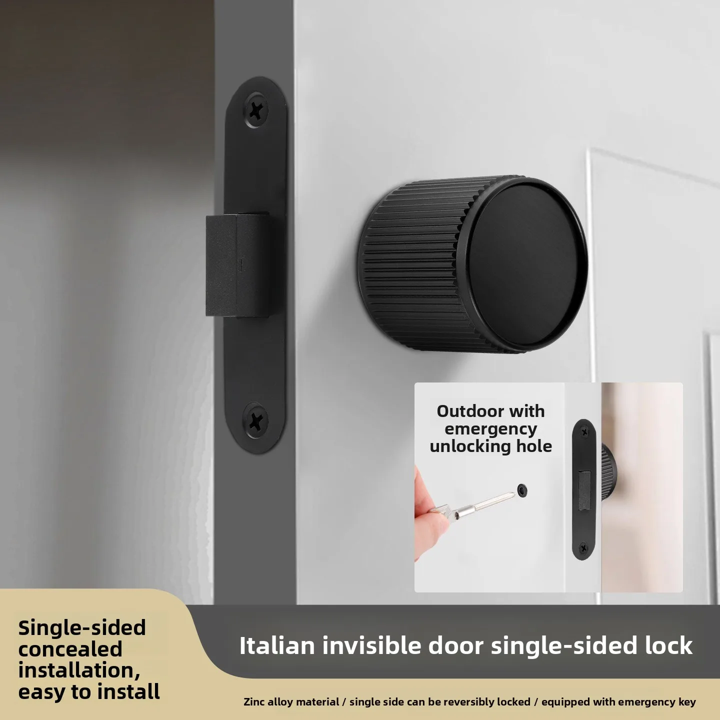 

Minimalist Invisible Door Lock, Indoor Wooden Door Hidden Invisible Handle with Emergency Hole Single-sided Lock