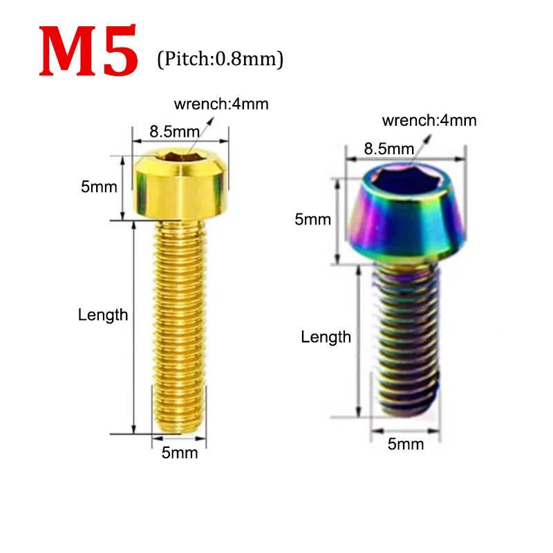 1Pc Titanium Bolt M5 M6 x 9 10 15 16 18 20 25 30 35 40 45 50 55 60mm Allen Key Taper Head Bolt Screw For Bicycle Stem Seatpost