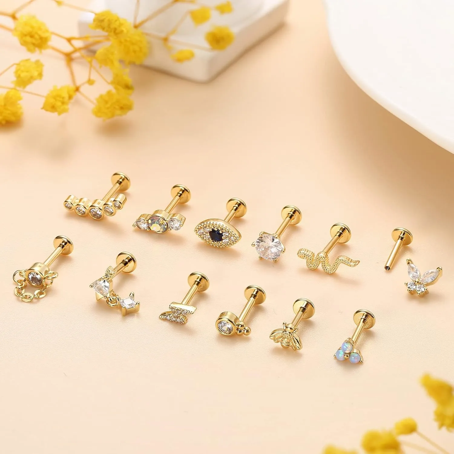Bobisty 1Pc Cartilage Earrings Stud for Women Surgical Steel Flat Back Earrings Snake Evil Eye CZ Earring Helix Piercing Jewelry