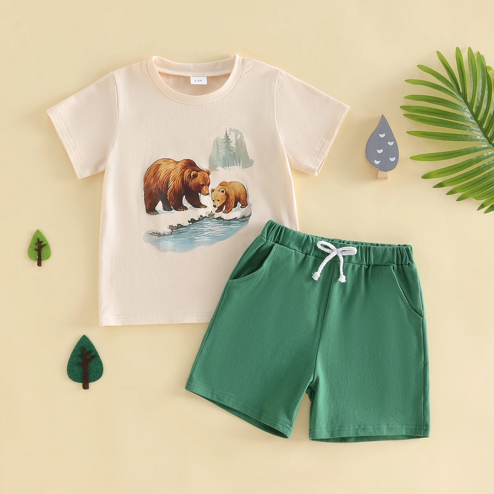 VISgogo Toddler Baby Boy Summer Outfit Bear Fish Duck Print Crew Neck Short Sleeve Tops and Shorts 2 Pcs Casual Set