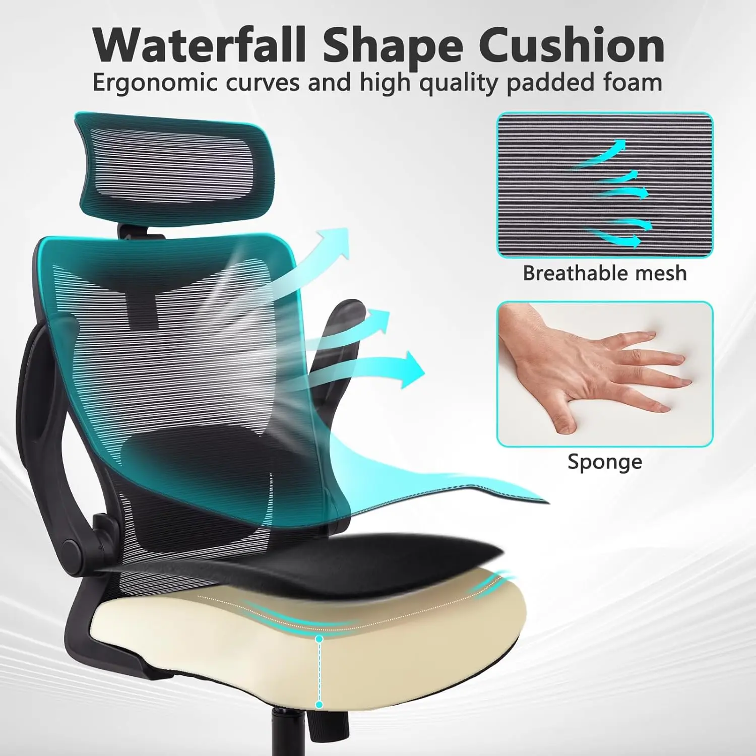 كرسي مكتب شبكي عالي التحمل بوزن 400 رطل، كبير وطويل مع دعم قطني ومسند للرأس، أسود، عبوتان