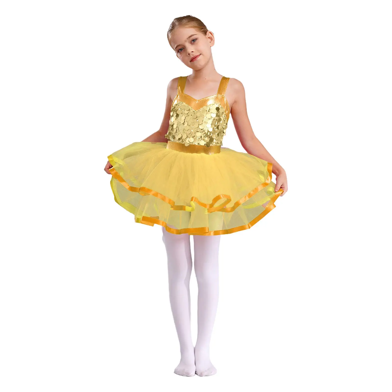 

Kids Girls Sparkling Sequins Ballet Dance Dress Sleeveless Color Block Tulle Tutu Dresses Jazz Latin Dance Performance Costume
