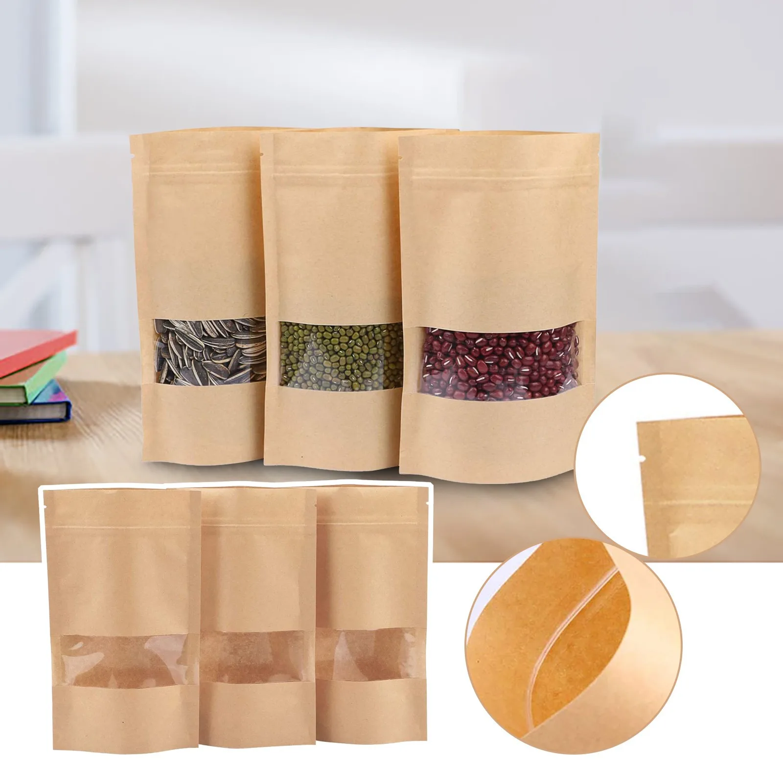 Self Standing Resealable Kraft Paper Window Opening Bags, Sealed Storage Food Snacks Fruits Tea Leaves Biscuits Nuts