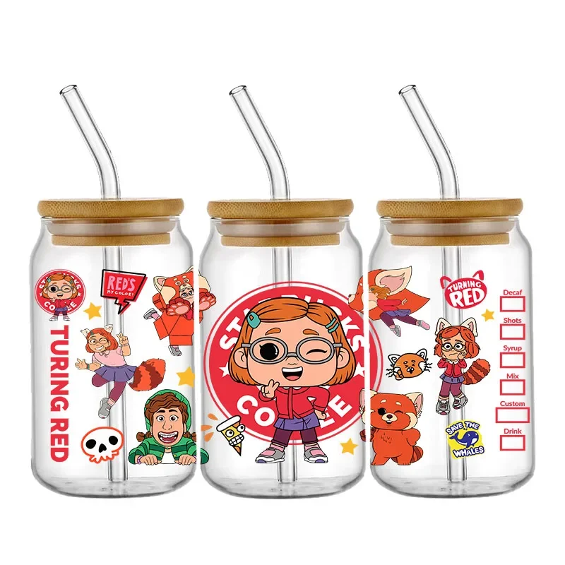 Disney Turning Red Cartoon UV DTF Cup Wrap 16oz Sticker Libbey Glass Bottle Can Transfer Sticker Waterproof Self-adhesive Labels