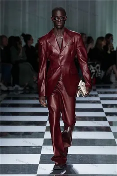 Conjunto de 2 peças de couro vermelho escuro PU masculino, blazer, calças, calças, smoking de casamento, escritório formal, noivo, jaqueta de baile, casaco de negócios