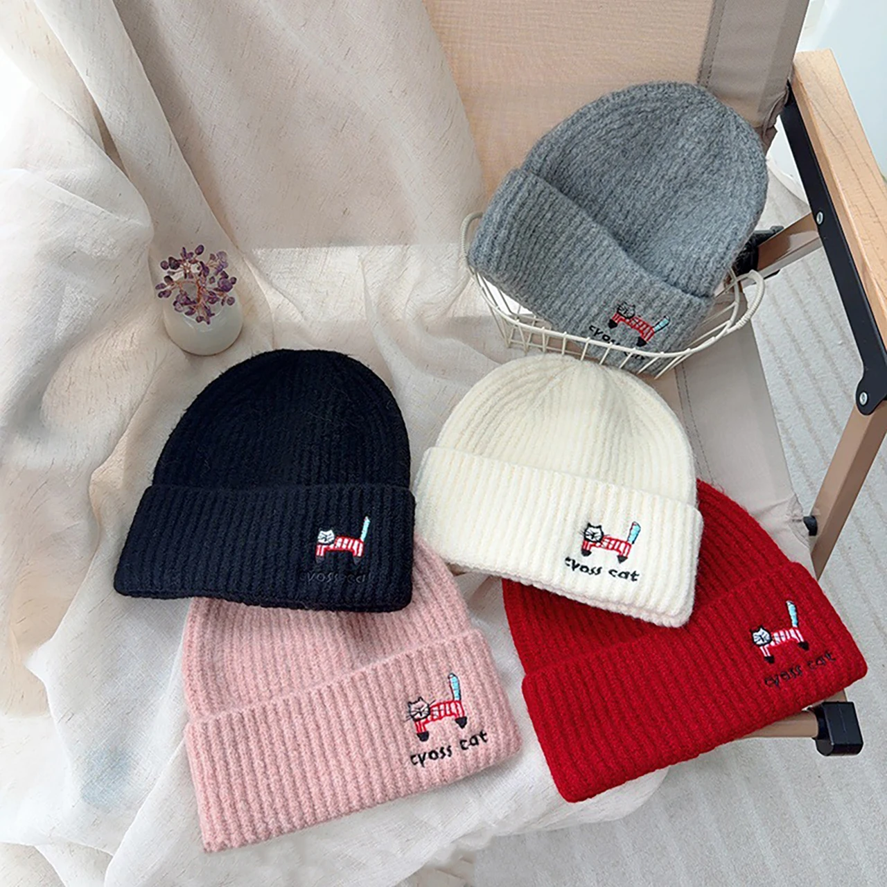 

Cartoon Embroidery Kids Pullover Cap Winter Warm Children Beanies 1-5Year Boy Girl Solid Color Woolen Crochet Bonnet Knitted Hat