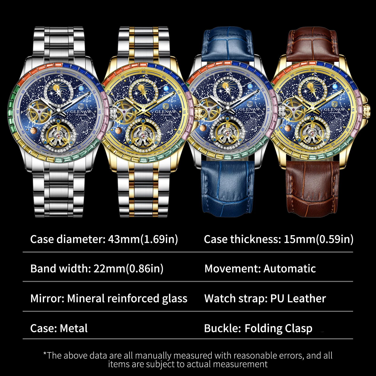 2026 GLENAW Design New Rainbow Circle Mechanical Watch Men 43MM Constellation Dial Men Watch Luminous Waterproof Automatic Watch