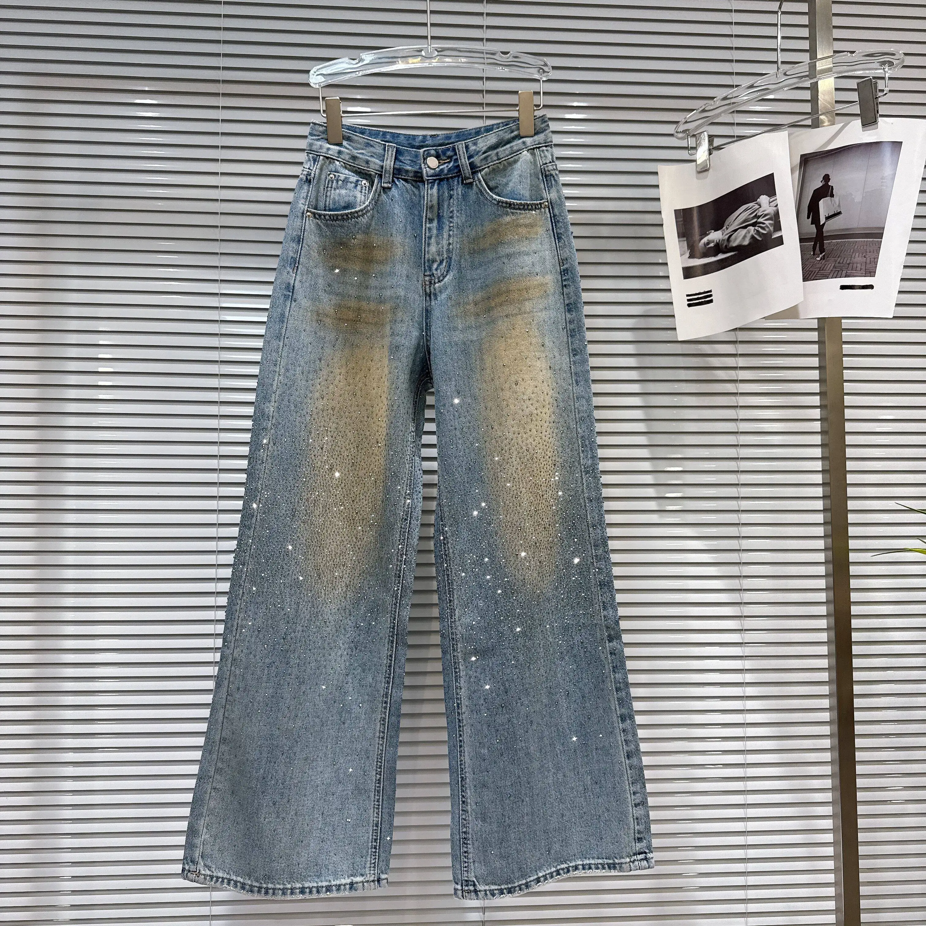 

2026 Spring New Street Style Hot Girl Shiny Rhinestone Distressed Wide Leg Jeans, Blue Denim Pants for Women