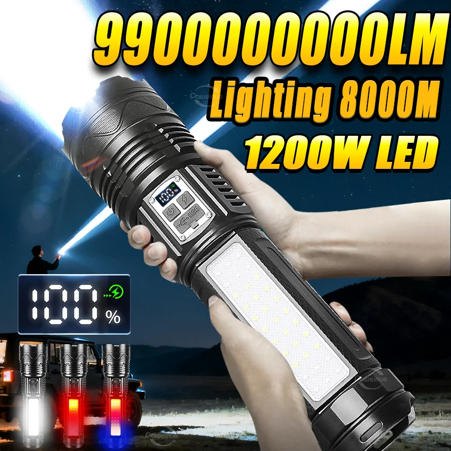 

990000000LM Most Powerful LED Flashlight Rechargeable Type-c Lantern Super Long Range 8000M Tactical Torch Light Fishing Hunting