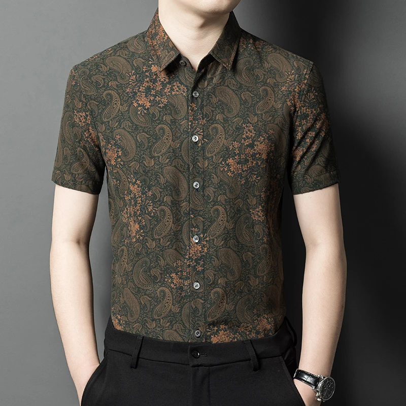 

Gambiered Canton Gauze Silk Dress Men Shirt Short Sleeve Paisley Summer High Quality Smooth Comfortable Casual Camisas De Hombre