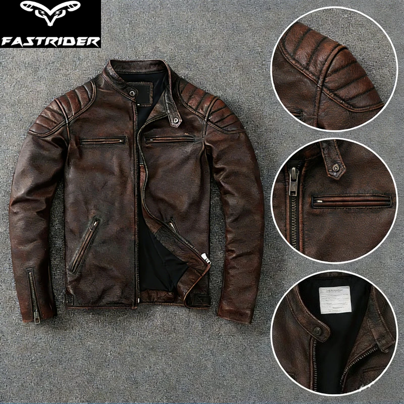 

Vintage Distressed Top Grain Soft Leather Moto Jacket for Men - Oversized Stand Collar Biker Outerwear