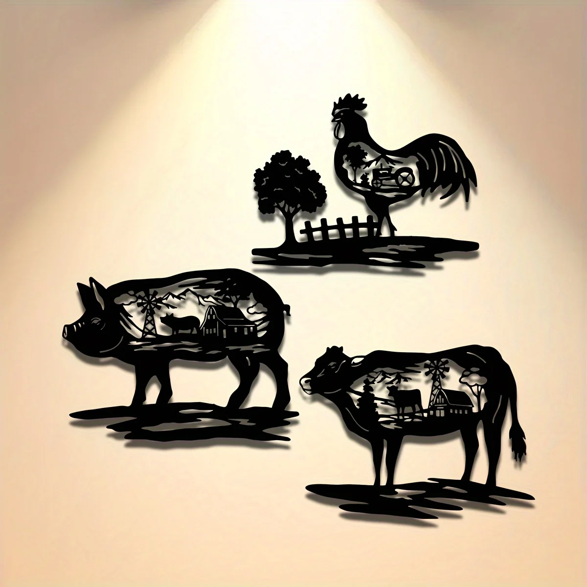 Set of Three Metal Wall Decorations Featuring Silhouettes of a Pig, Chicken, And Cow. Each Piece Measures 11.32X8.7 Inches