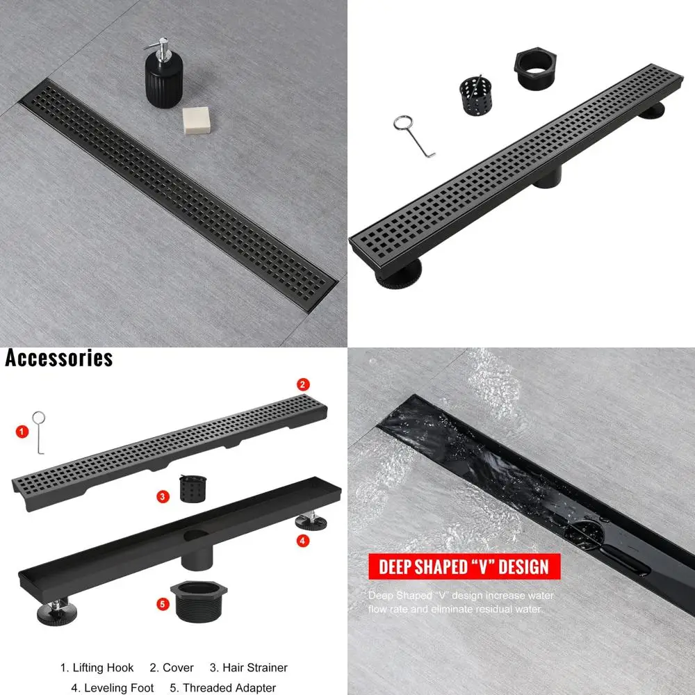 

24 Matte Black Linear Shower Drain with Removable Grate, 304 Stainless Steel, Hair Strainer, Adjustable Feet