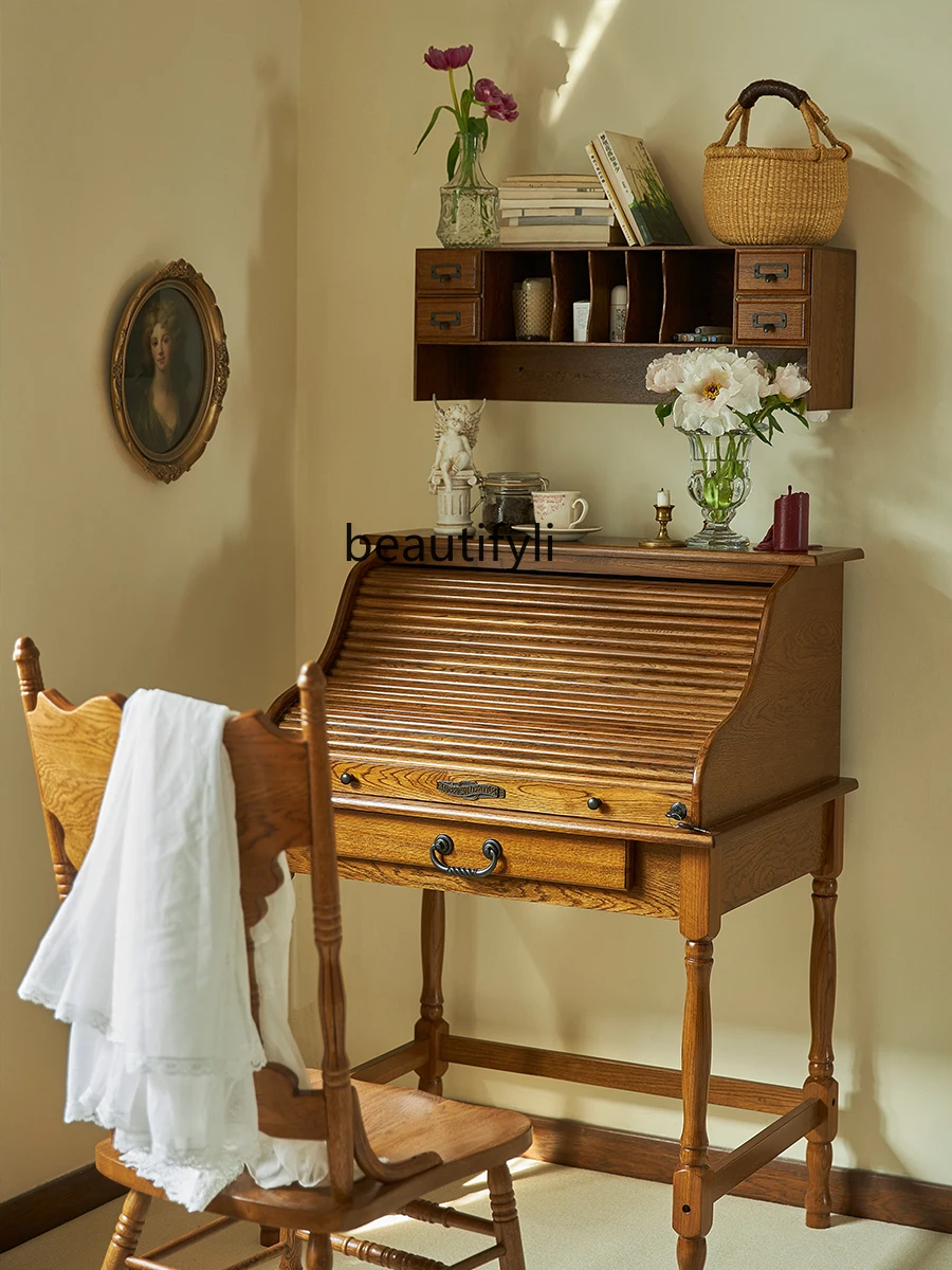 Retro Piano Dressing Table Small Flip Solid Wood Makeup Table Desk Integrated