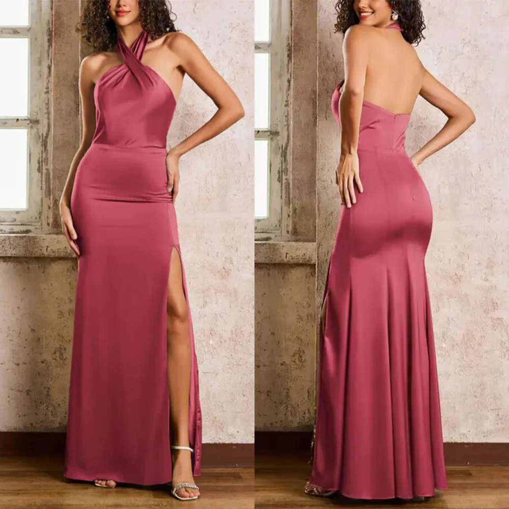 

High Quality Customized Halter High Fork Sleeveless Ankle Length Платье Корейский Стиль Robe Pour Mariage Invité Vestidos فساتين
