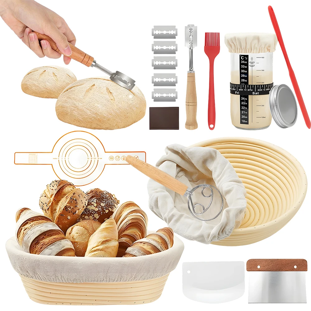 Set di utensili da forno con 2 cestelli per fermentazione, barattolo di vetro, tappetino in silicone, mixer, spatola, coltello, tagliapasta, raschiett