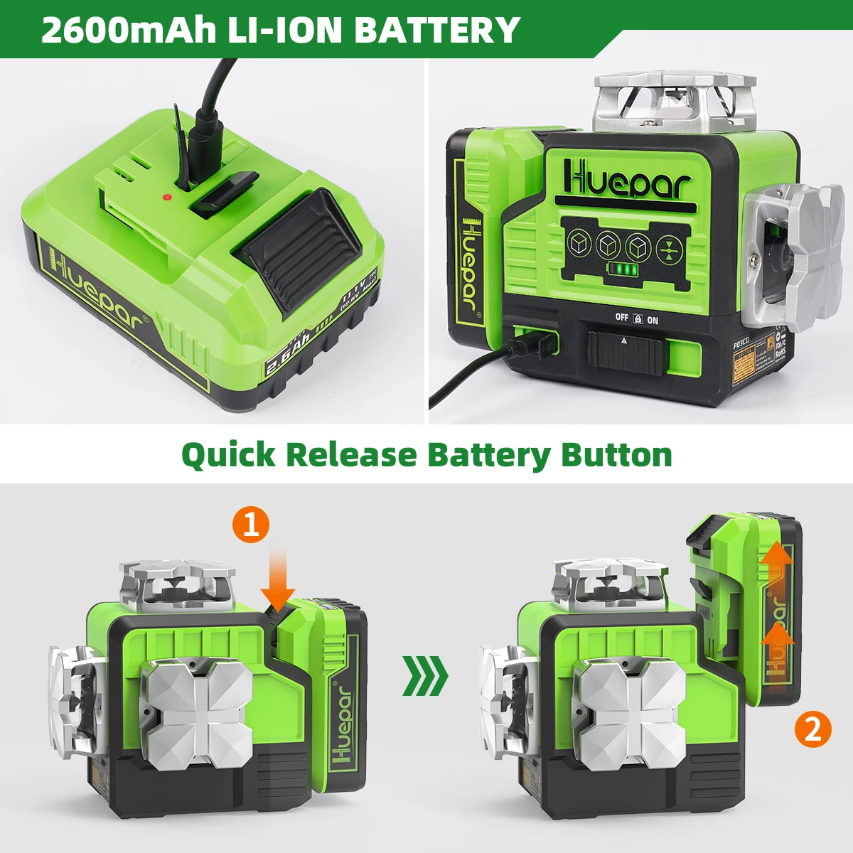 Huepar 12라인 3D 그린 레이저 레벨, 리모컨, 블루투스, 수신기/삼각대, 자동 레벨링 및 마그네틱 베이스, 건설용 P03