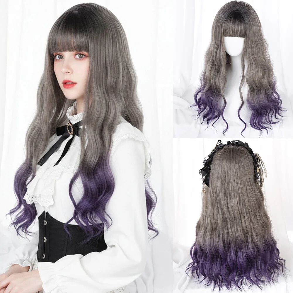 

Синтетический длинный волнистый парик с градиентом от серебристо-серого до фиолетового с челкой, идеально подходит для косплея, вечеринок в стиле лолита, искусственные волосы
