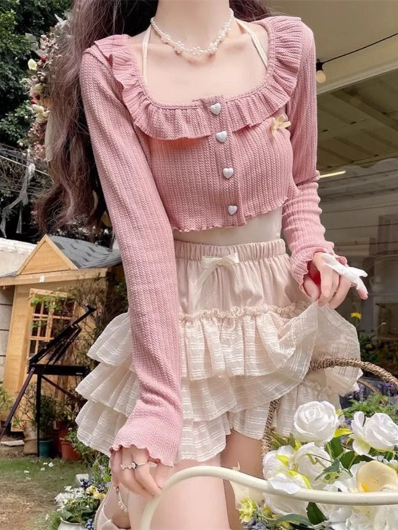 

Sweet Gentle Square Neck Cardigan Cake Skirt Two-piece Set Women Bow Splice Single Breasted Spicy Girl Look Slim Summer Wear new