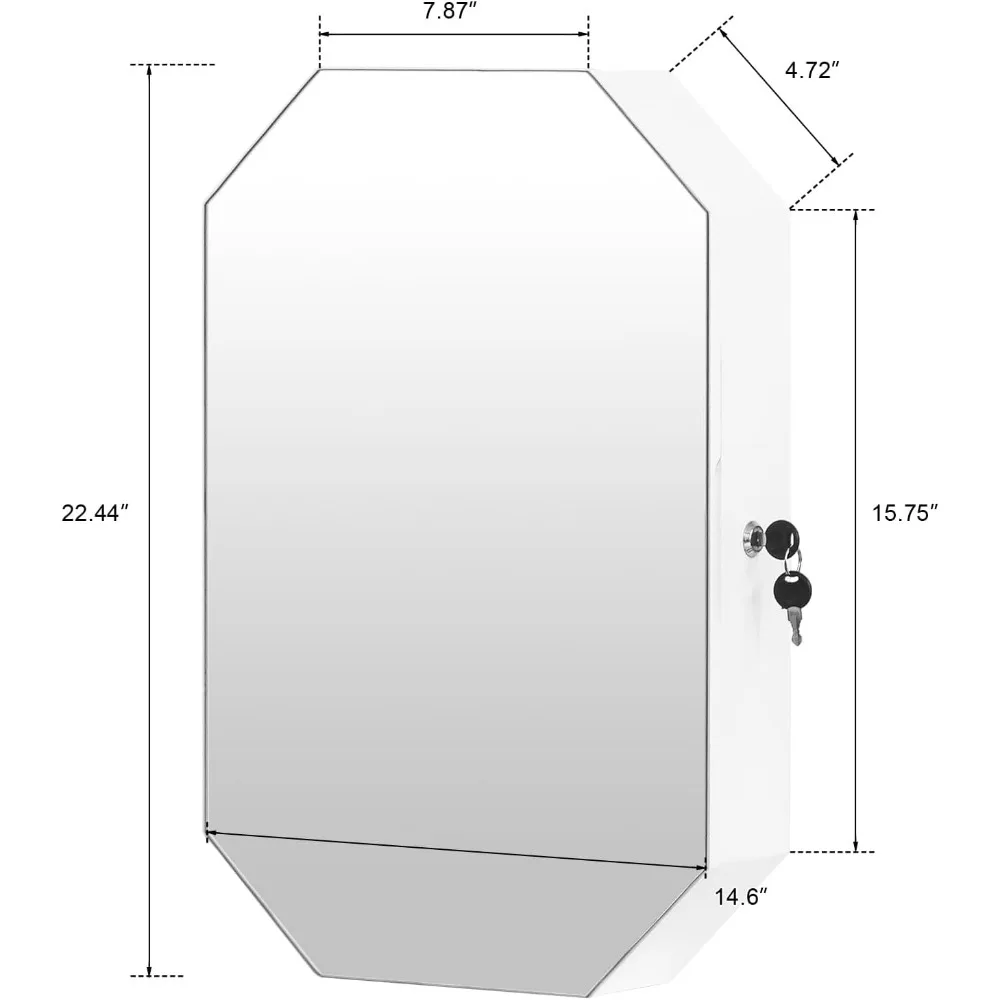 Moderno armadio per gioielli a forma di diamante, organizzatore per armadietto per gioielli ottagonale con serratura con specchio, montato a parete per risparmiare spazio