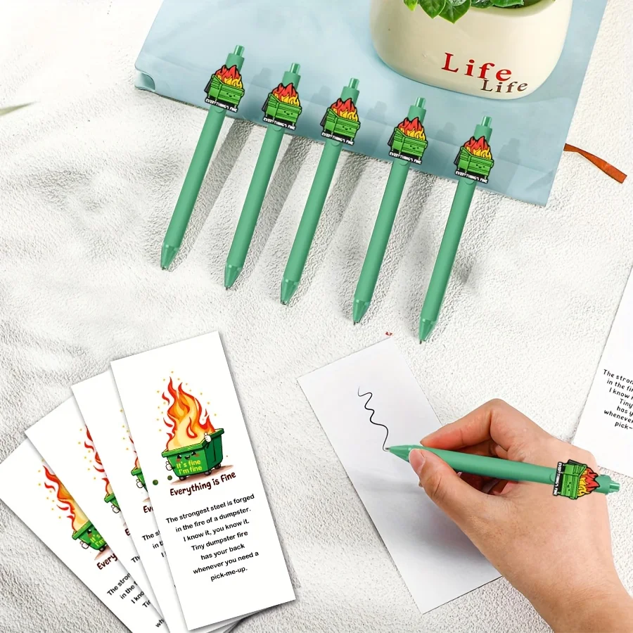 Lot de 10 stylos et cartes Dumpster Fire, avec stylos et marque-pages. Cadeaux de remerciement pour les enseignants, les étudiants, stylos en gros pour le bureau.