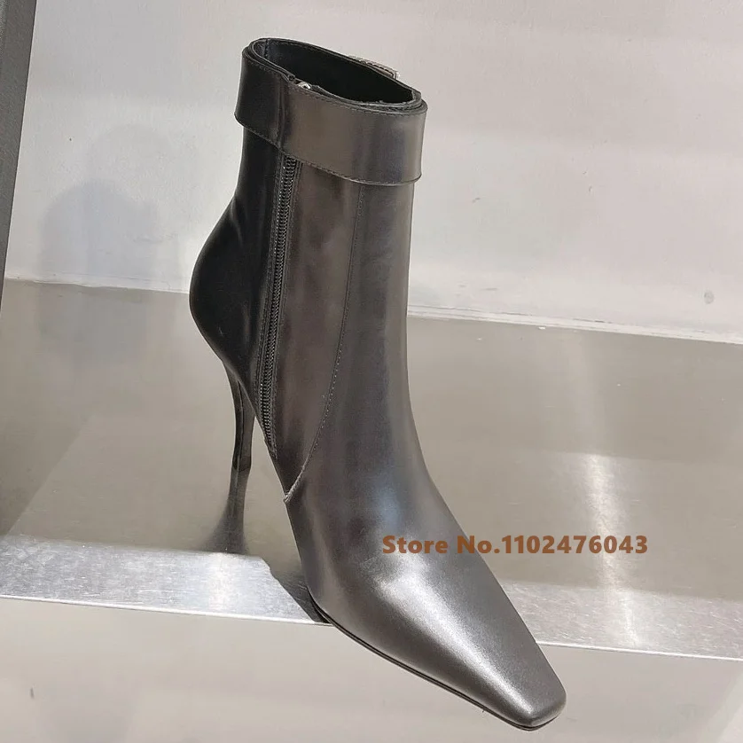 

Short Boots Small Square Head Wine Cup Heel Boots Women Water Diamond Buckle Side Zipper Thin High Heel Ladies Ankle Boots