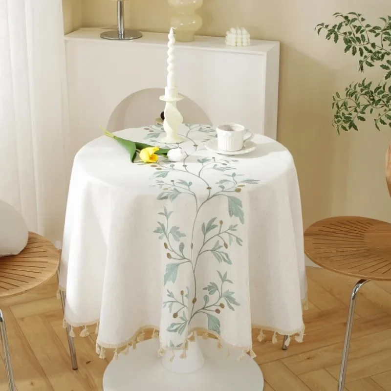 

Round Tassel embroidery Tablecloth Heavy Weight Cotton Linen Fabric Table Cover Kitchen Dining Restaurant Banquet Tabletop Decor