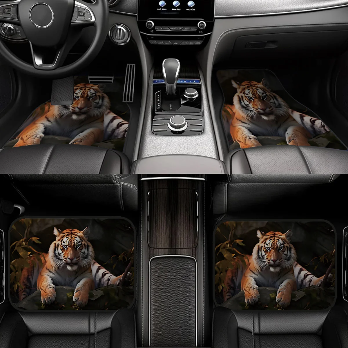 4pcs Tiger Pattern Polyester Car Floor Mats | All-Weather Protection, Daily Commute Mats, Suitable For Sedans And SUVs, Interior